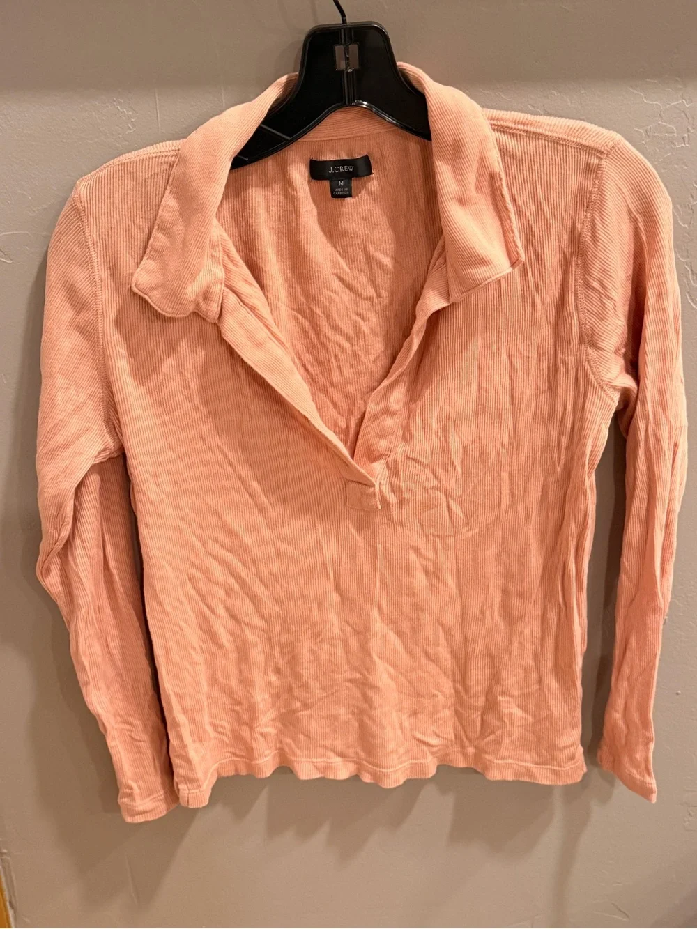 J. Crew Peachy Neutral Long-Sleeve Open-Collar Ribbed Polo T Shirt #446